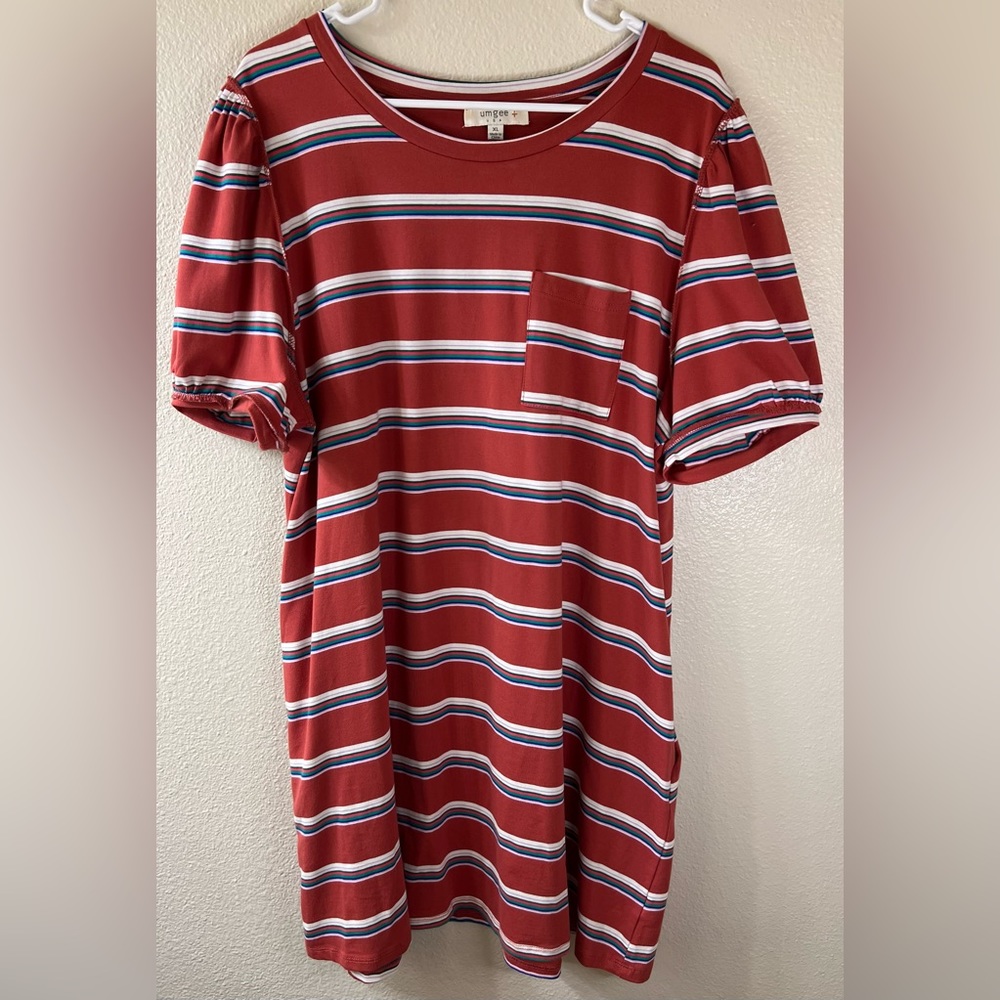 Umgee Red Orange Striped Balloon Sleeve Stretchy Cotton T-shirt Dress Size XL